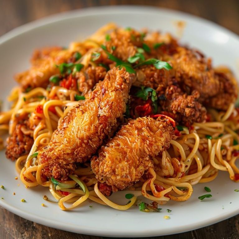 Nouilles sautées au filet de poulet frit