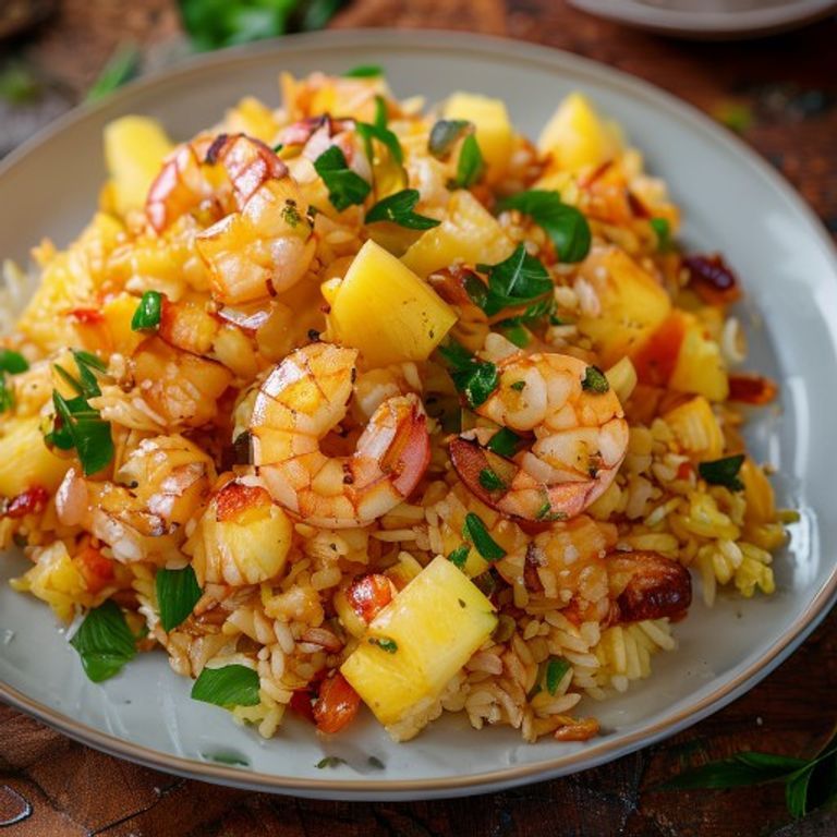Riz frit aux crevettes et ananas